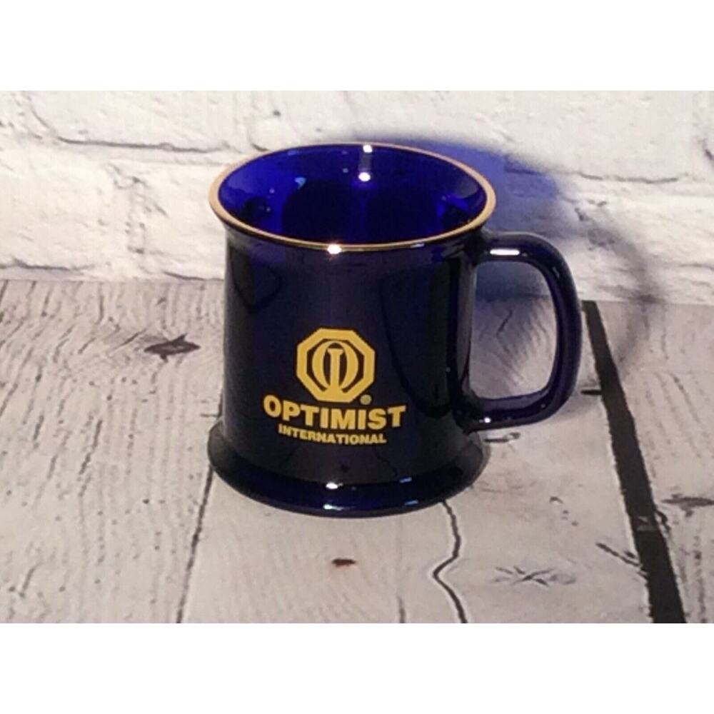 Optimist International Coffee Mug Cup Cobalt Blue Glass Logo Gold Rim Made inUSA